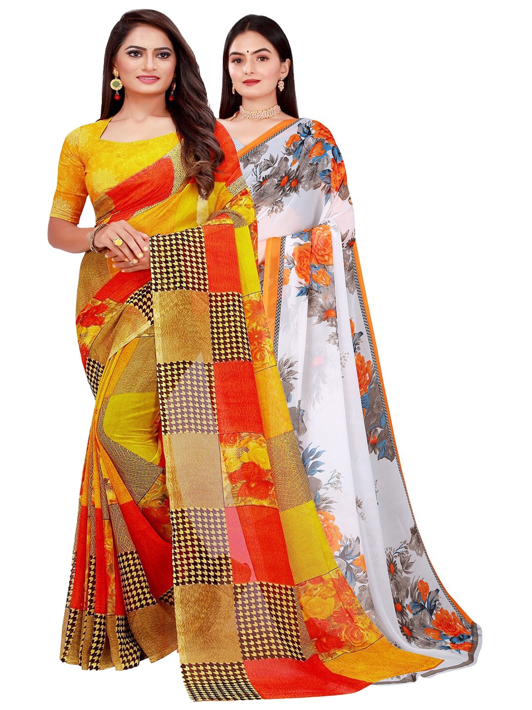 

Florence Pack of 2 Floral Pure Georgette Saree, Yellow