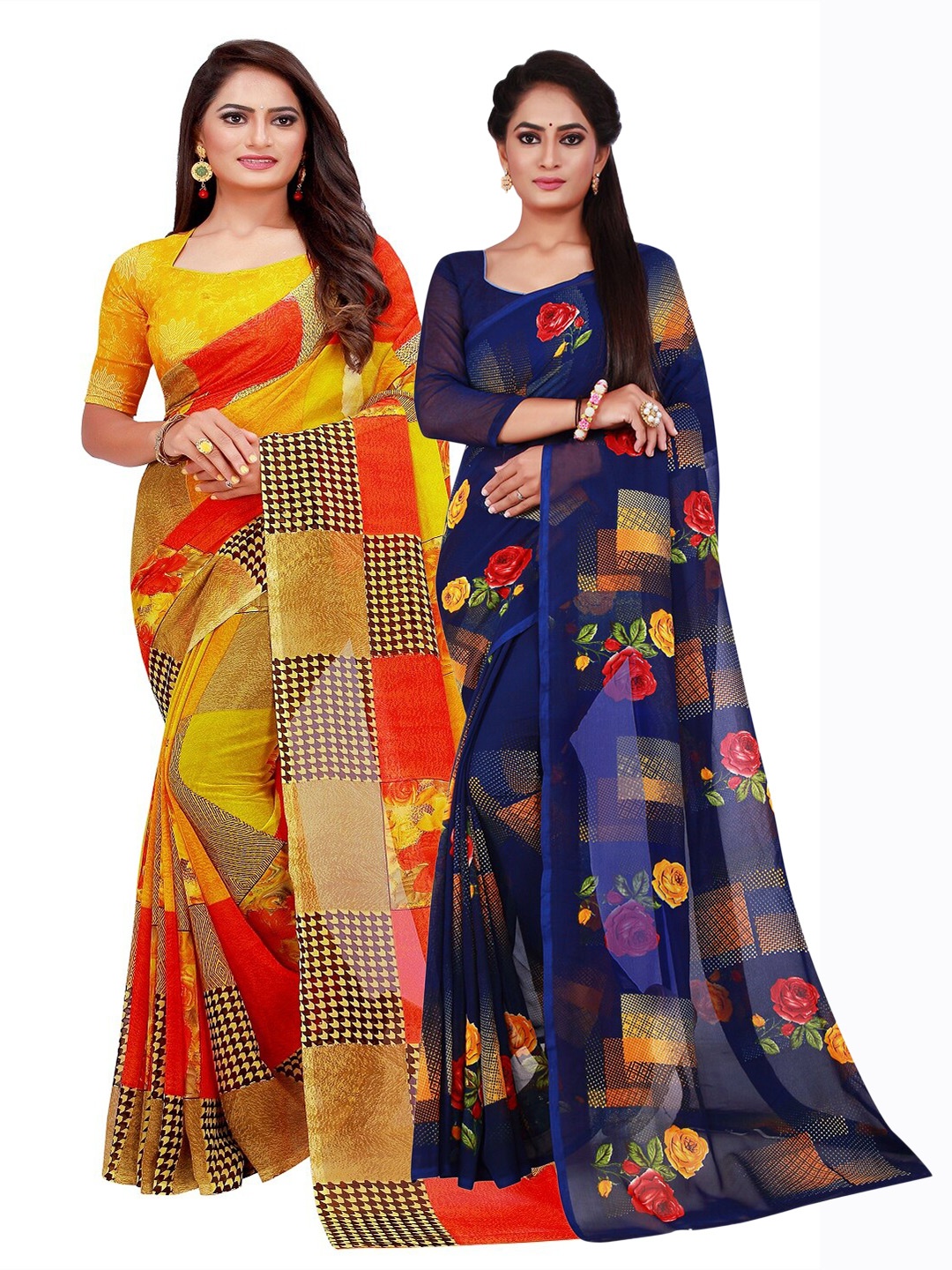 

Florence Yellow & Navy Blue Floral Set of 2 Pure Georgette Saree