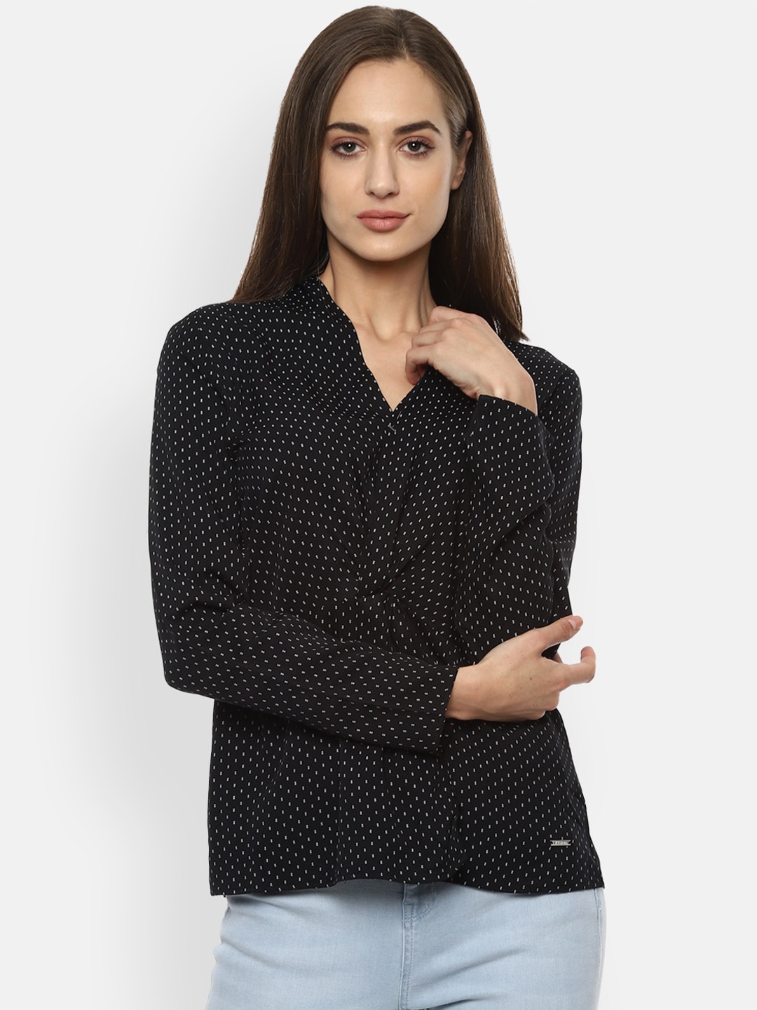 

Van Heusen Woman Black Print Tie-Up Neck Shirt Style Top