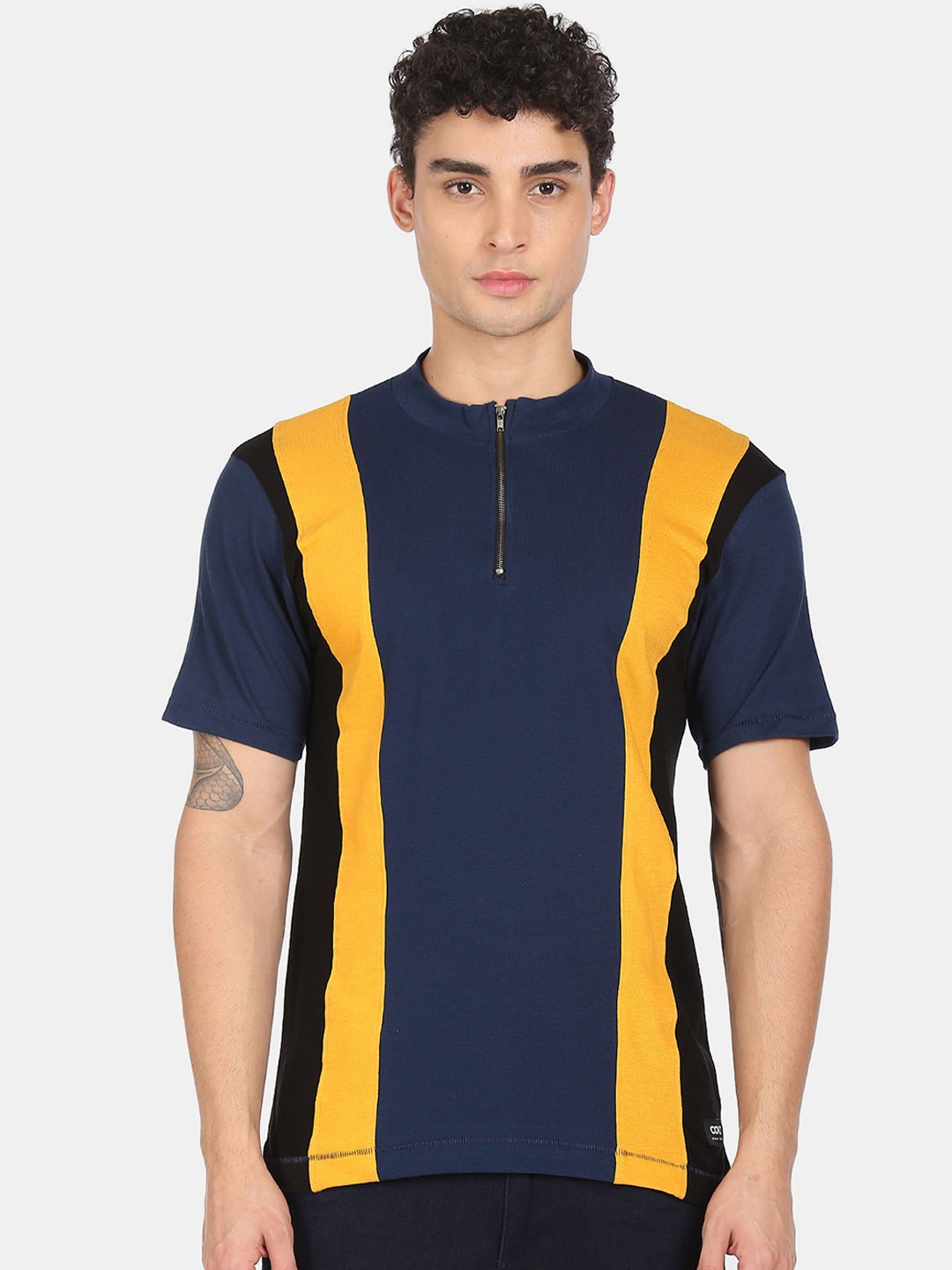 

Colt Men Yellow & Navy Blue Colourblocked Henley Neck T-shirt 100% Cotton
