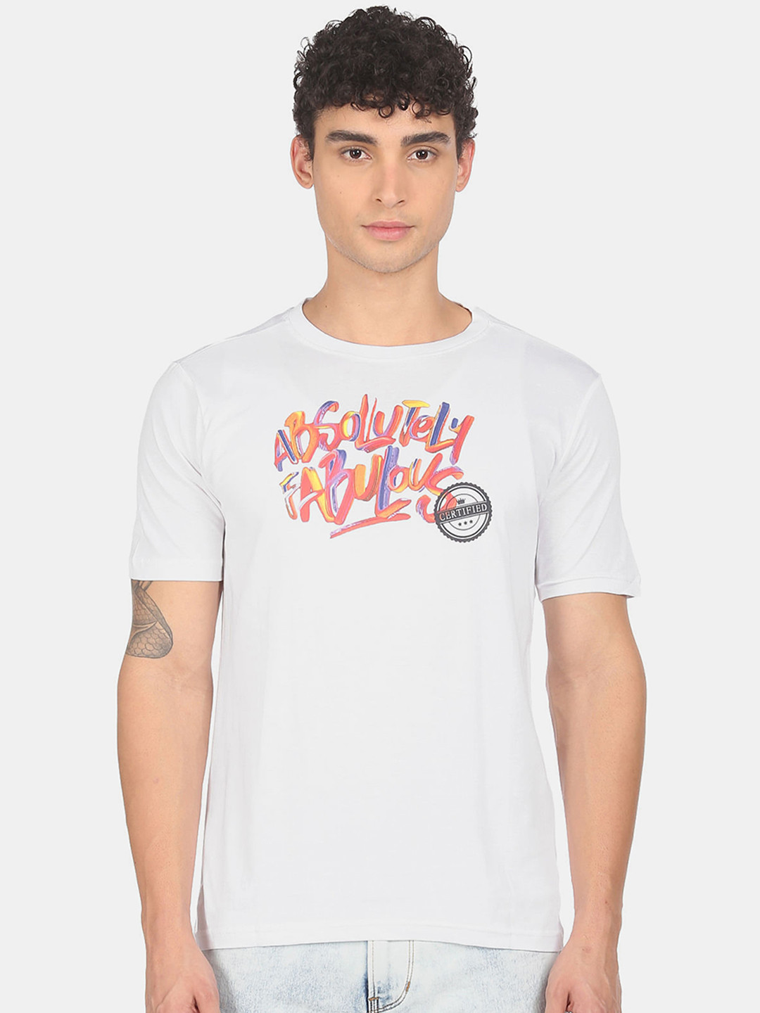 

Colt Men White Typography Printed Pure Cotton T-shirt