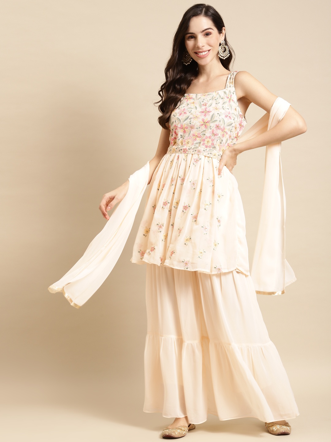 

FASHOR Women Cream-Coloured Floral Embroidered Sequinned Kurta with Sharara & Dupatta