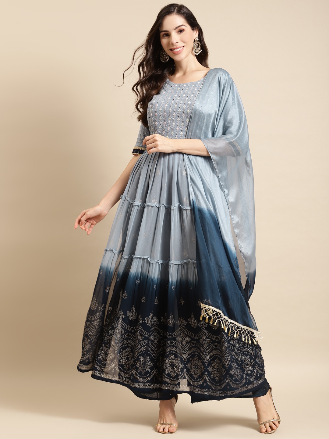 

FASHOR Women Blue Ethnic Motifs Embroidered Tiered Kurta with Palazzos & Dupatta