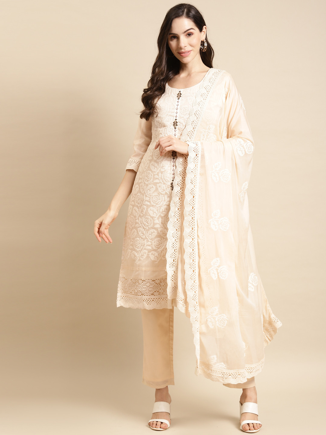

FASHOR Women Beige Floral Embroidered Chanderi Silk Kurta with Trousers & Dupatta