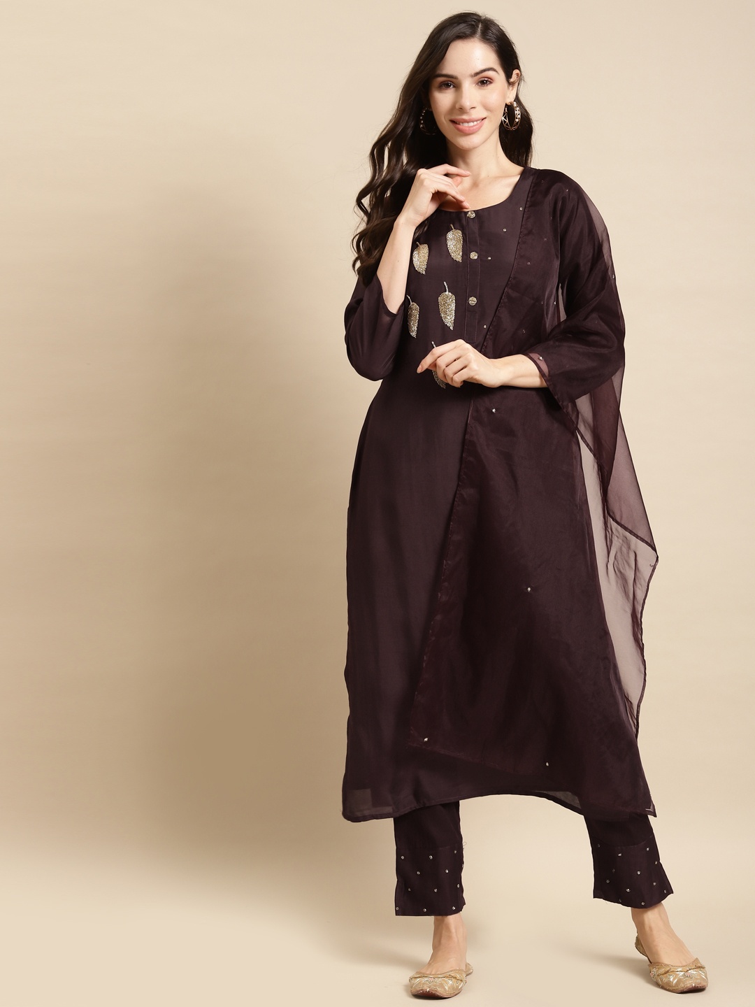 

FASHOR Women Maroon Ethnic Motifs Embroidered Pure Silk Kurta with Trousers & Dupatta