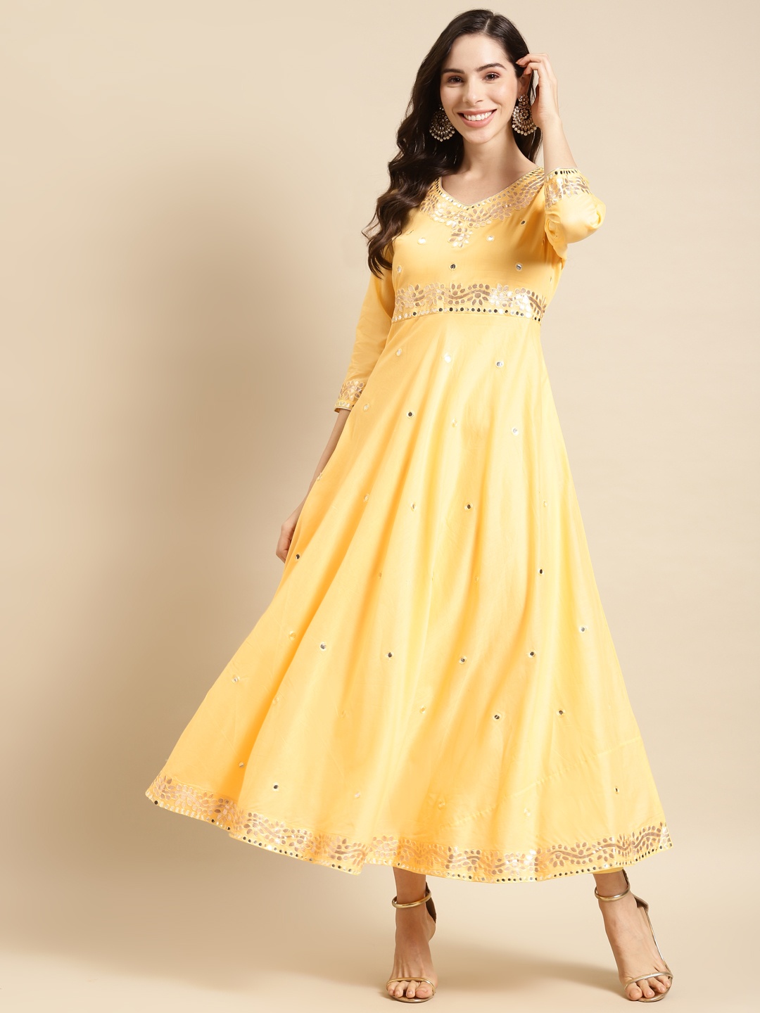 

FASHOR Yellow Ethnic Motifs Embroidered Ethnic Maxi Dress