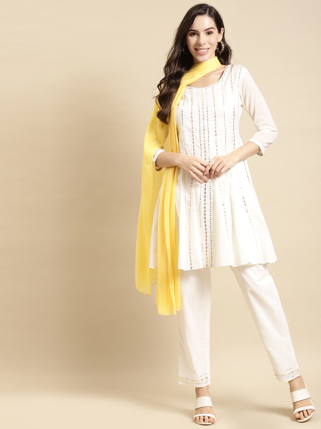 

FASHOR Women White Ethnic Motifs Embroidered Mirror Work Kurta with Trousers & Dupatta