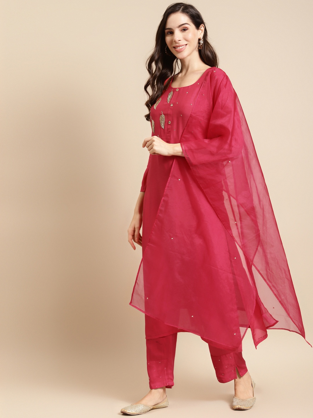 

FASHOR Women Pink Ethnic Motifs Embroidered Pure Silk Kurta with Trousers & Dupatta