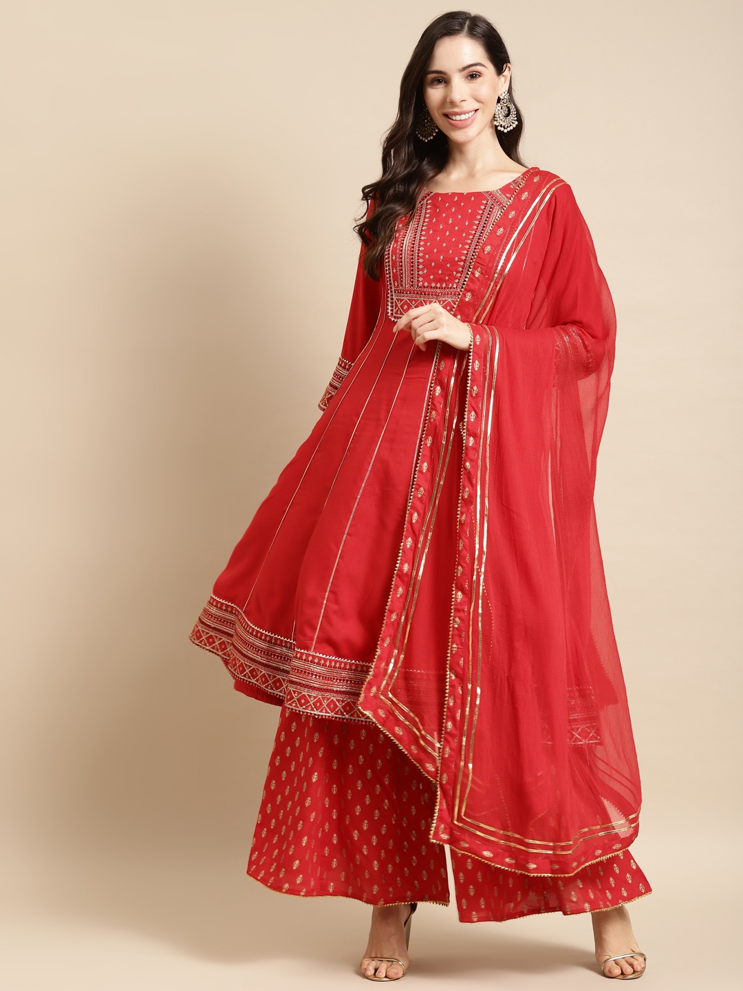 

FASHOR Women Red Ethnic Motifs Embroidered Gotta Patti Kurta with Palazzos & Dupatta