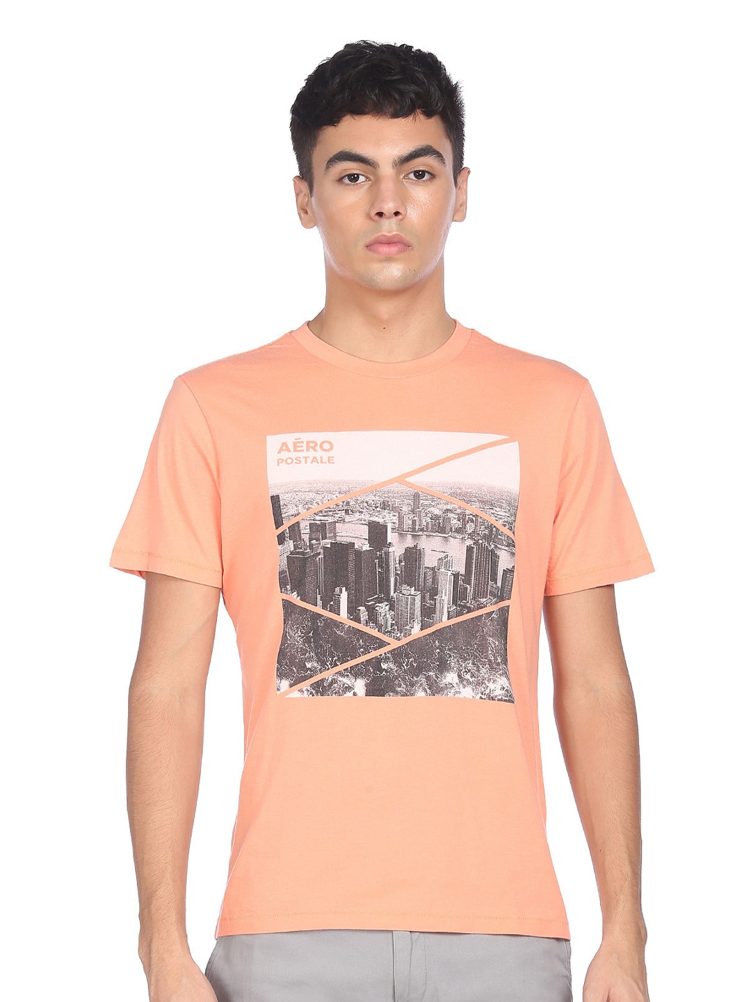 

Aeropostale Men Peach-Coloured Printed Cotton T-shirt
