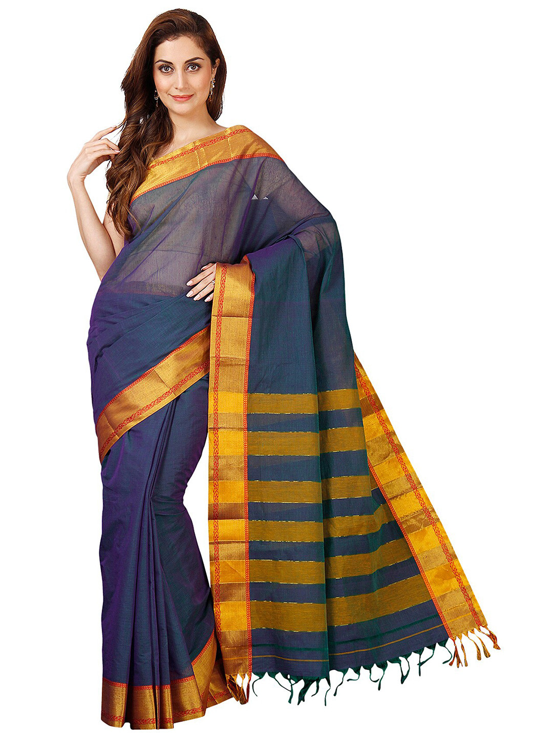 

KALINI Navy Blue & Yellow Zari Pure Cotton Venkatgiri Saree