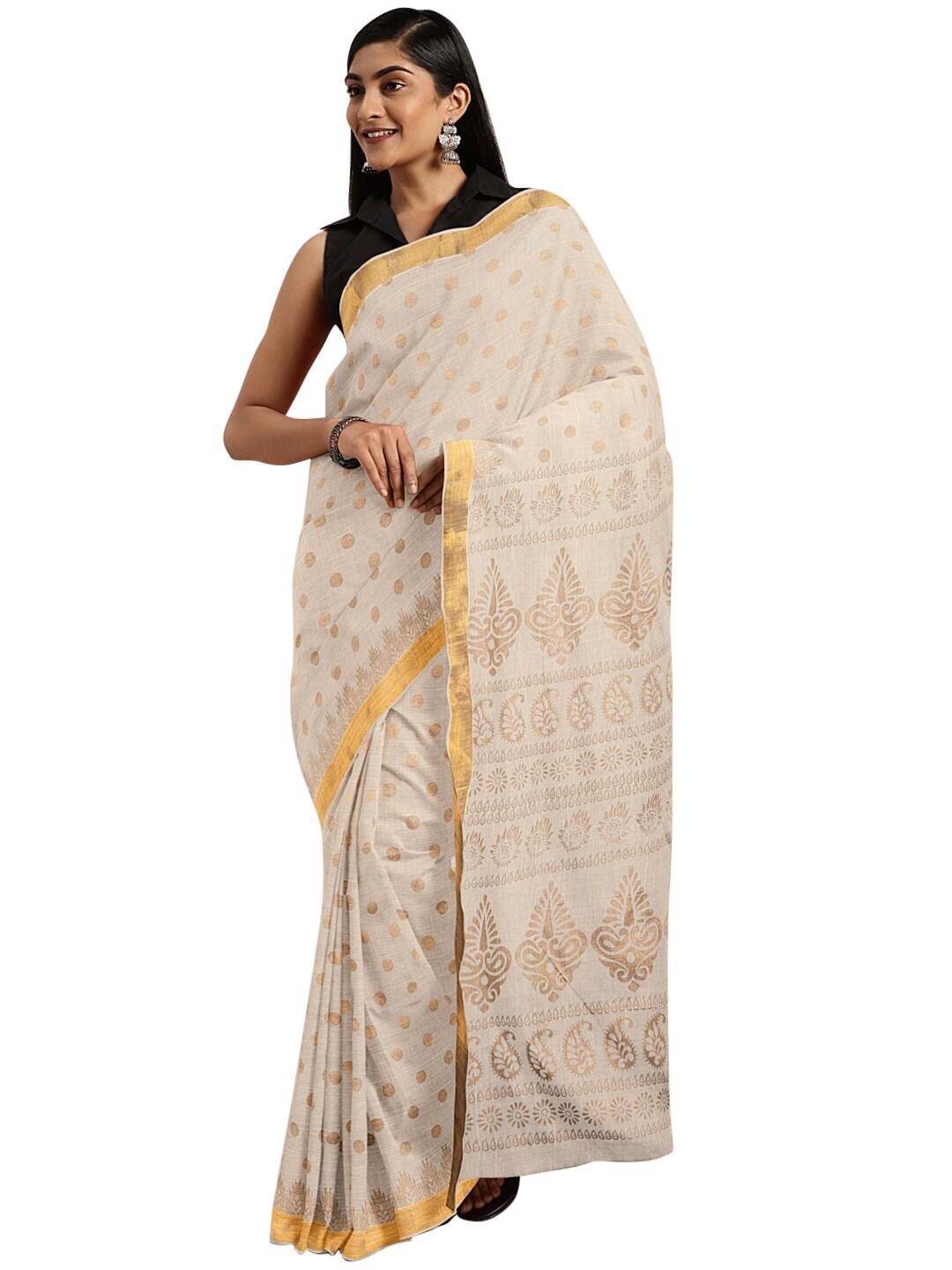 

KALINI White & Gold-Toned Ethnic Motifs Zari Pure Cotton Venkatgiri Saree