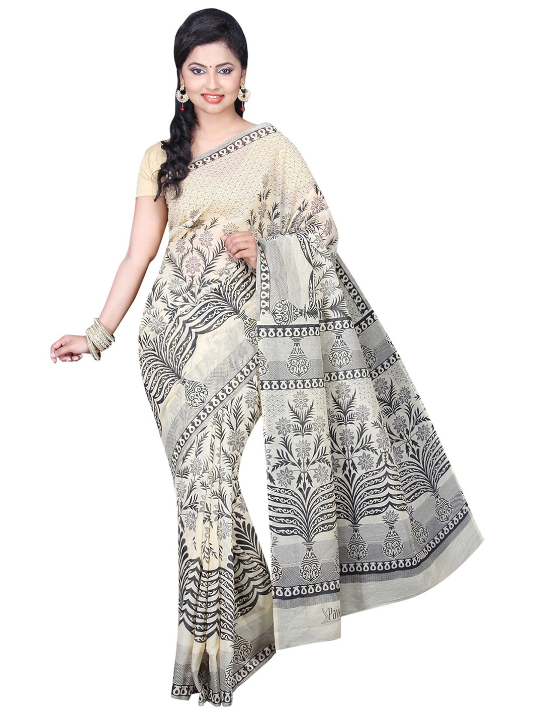 

KALINI Beige & Grey Floral Mangalagiri Cotton Blend Saree