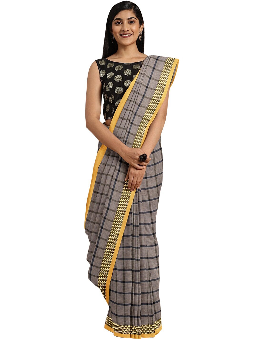 

KALINI Grey & Gold-Toned Checked Zari Pure Cotton Venkatgiri Saree