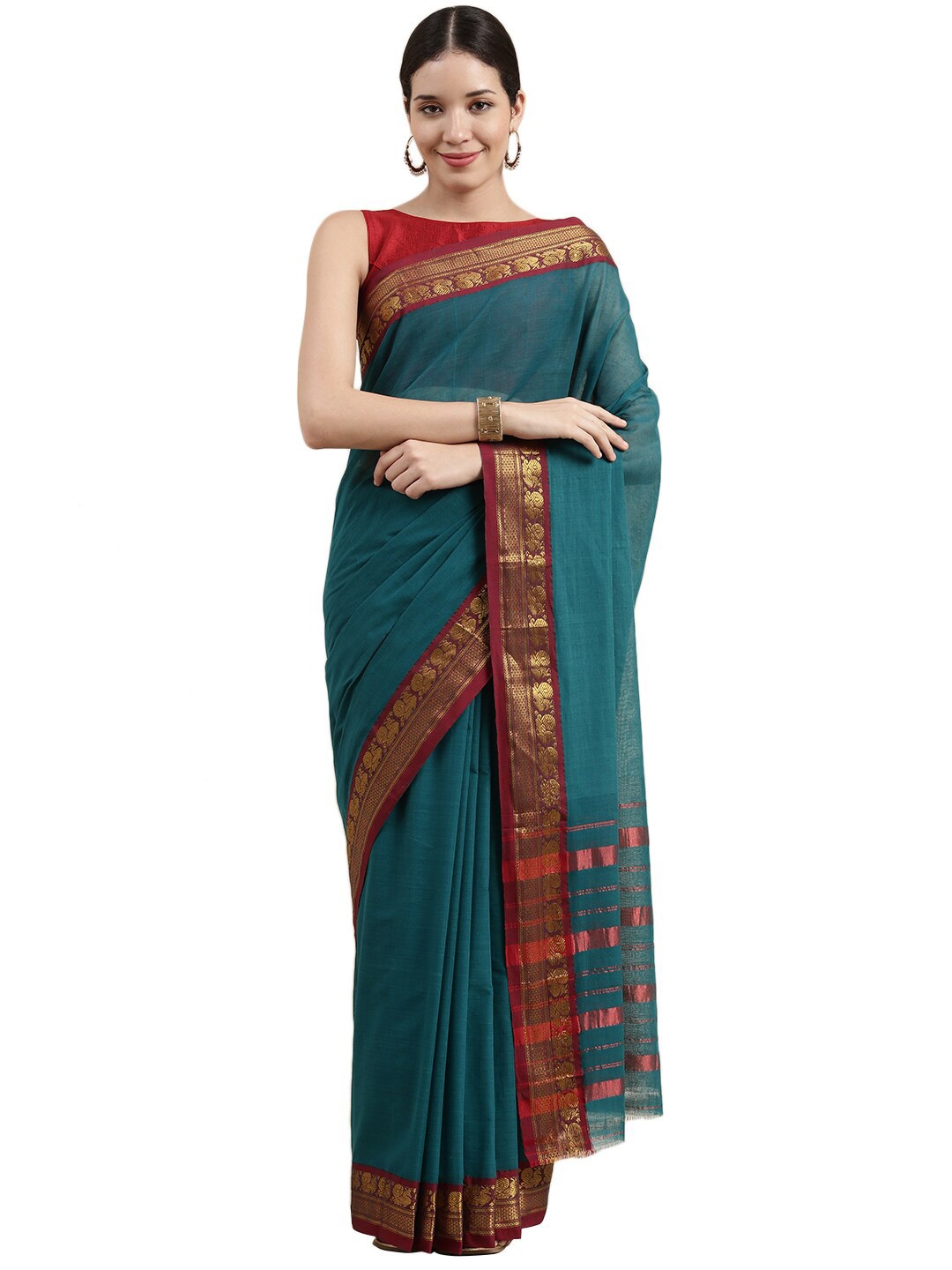 

KALINI Teal & Gold-Toned Woven Design Zari Pure Cotton Venkatgiri Saree
