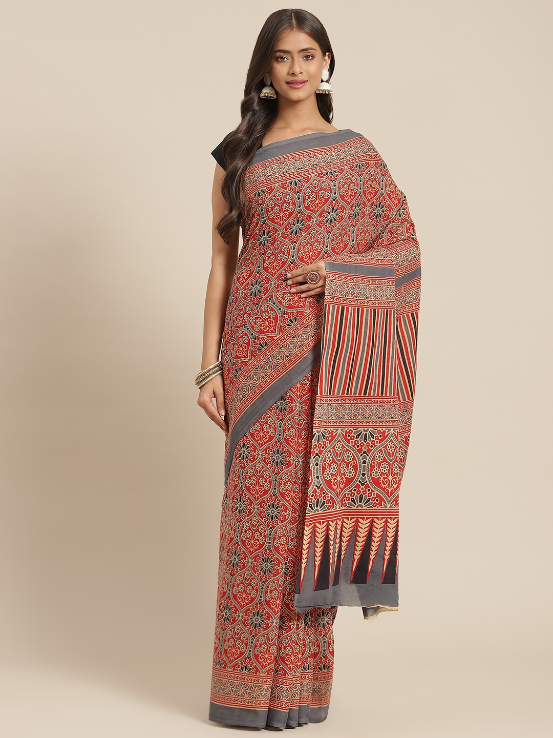 

Yufta Red & Grey Ajrak Print Pure Cotton Saree