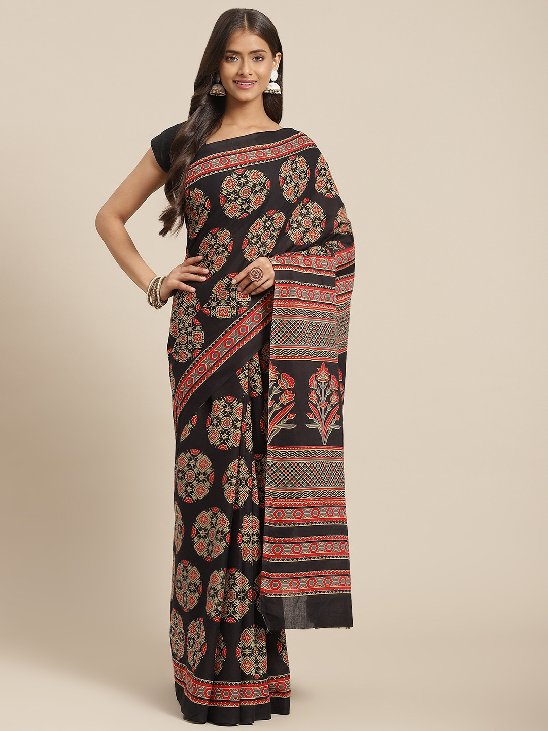 

Yufta Black & Red Ajrak Print Pure Cotton Saree