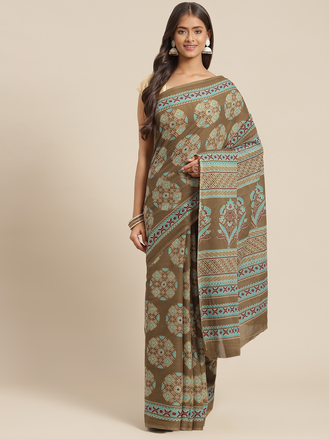 

Yufta Olive Green & Red Ajrak Print Pure Cotton Saree