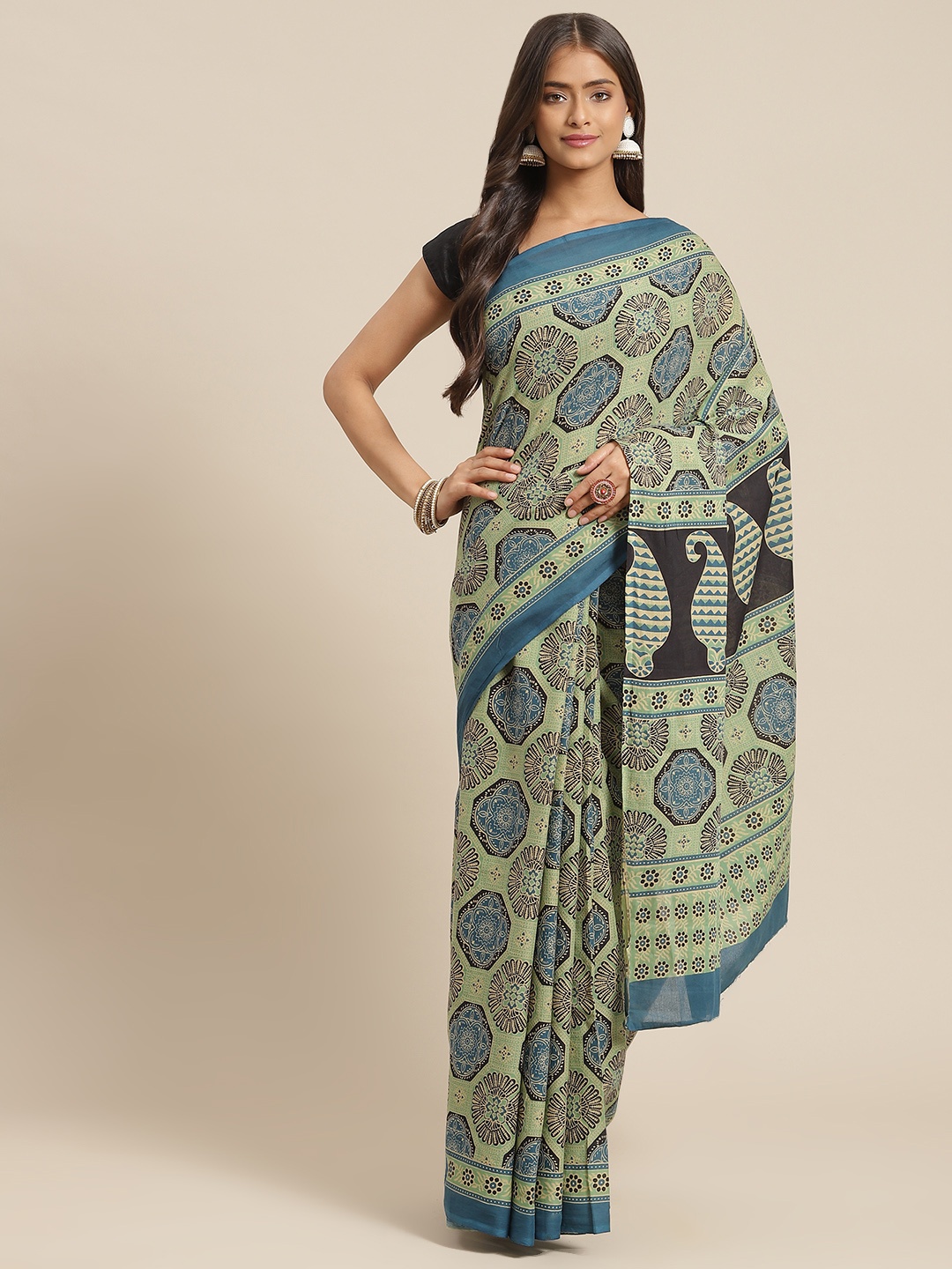 

Yufta Olive Green & Blue Ajrak Print Pure Cotton Saree
