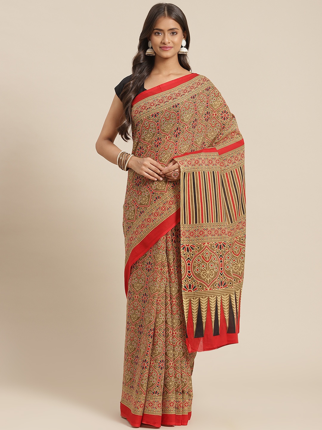 

Yufta Red & Beige Ajrak Print Pure Cotton Saree