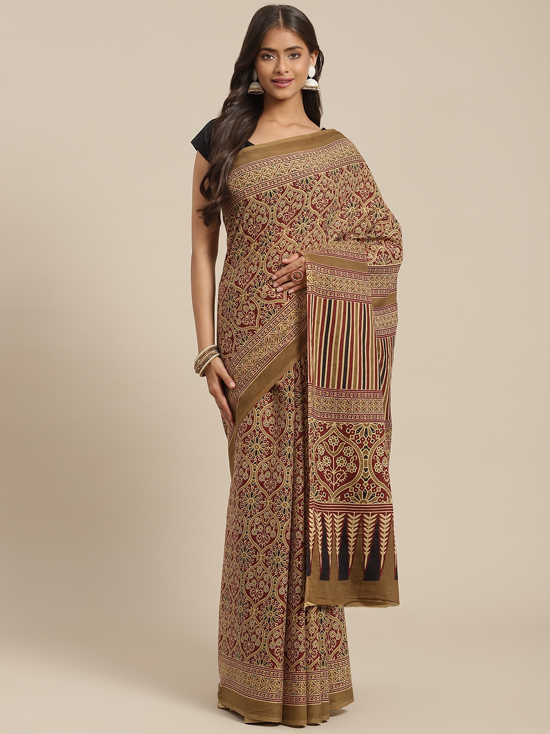 

Yufta Maroon & Beige Ajrak Print Pure Cotton Saree