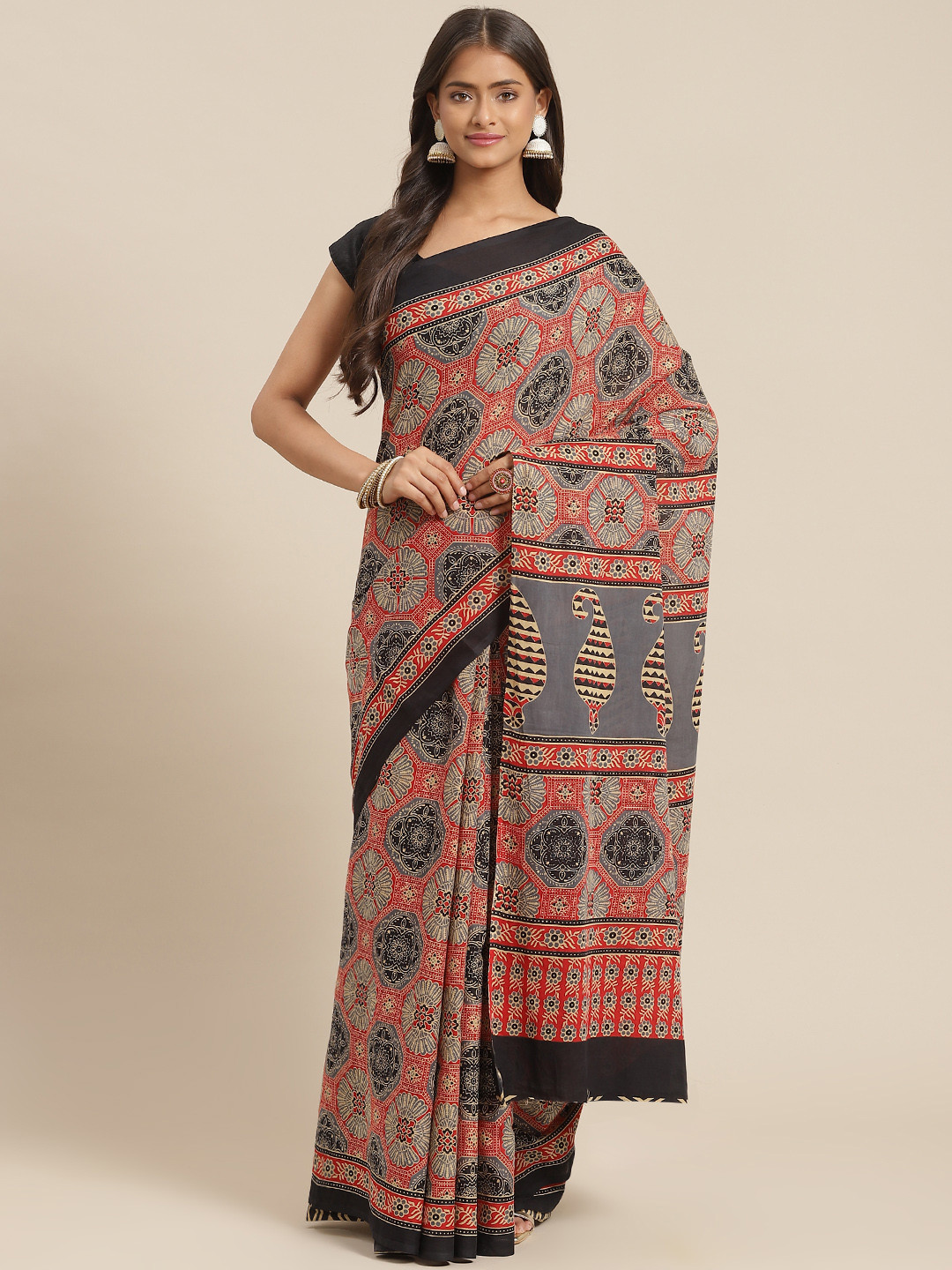 

Yufta Red & Olive Green Ajrak Print Pure Cotton Saree