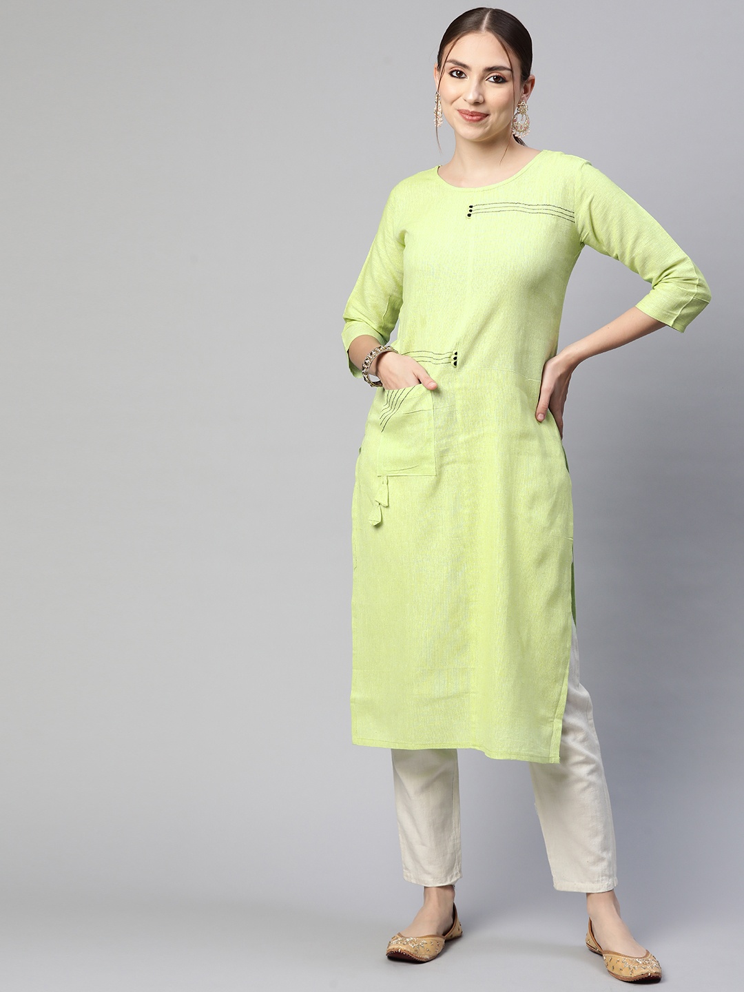 

Fashion FRICKS Women Lime Green Embroidered Detail Kurta