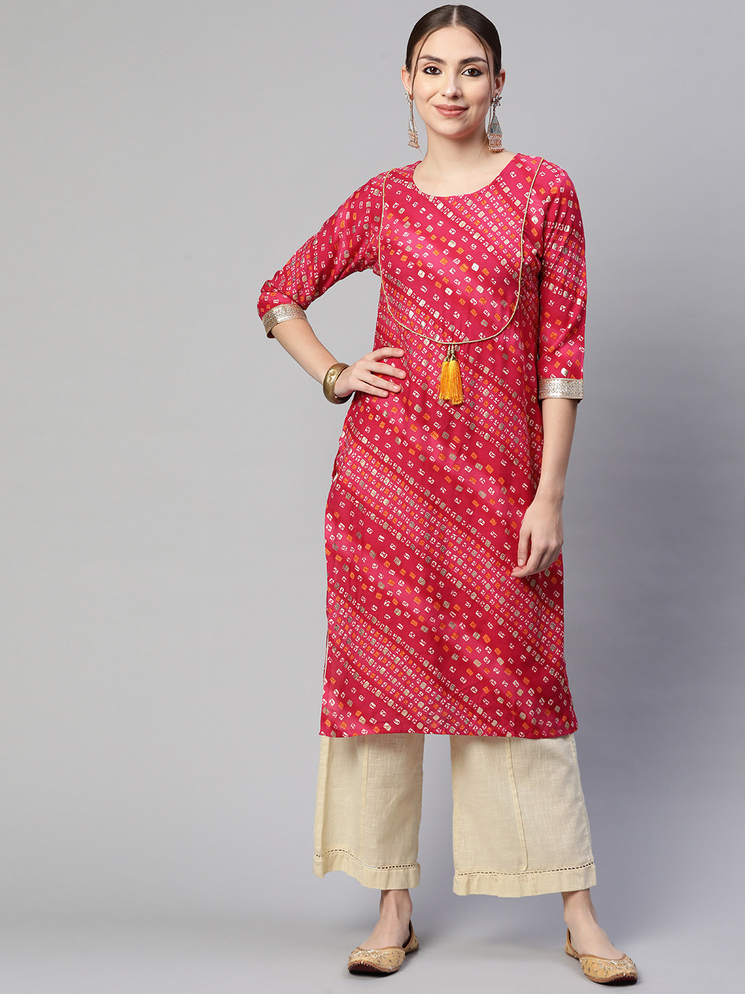 

Fashion FRICKS Women Pink & White Bandhani Printed Kurta
