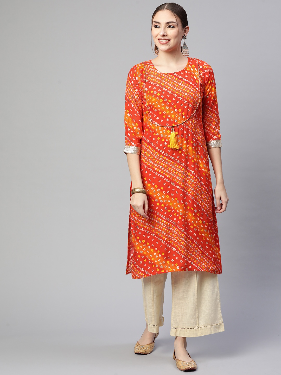 

Fashion FRICKS Women Orange Bandhani Printed Kurta