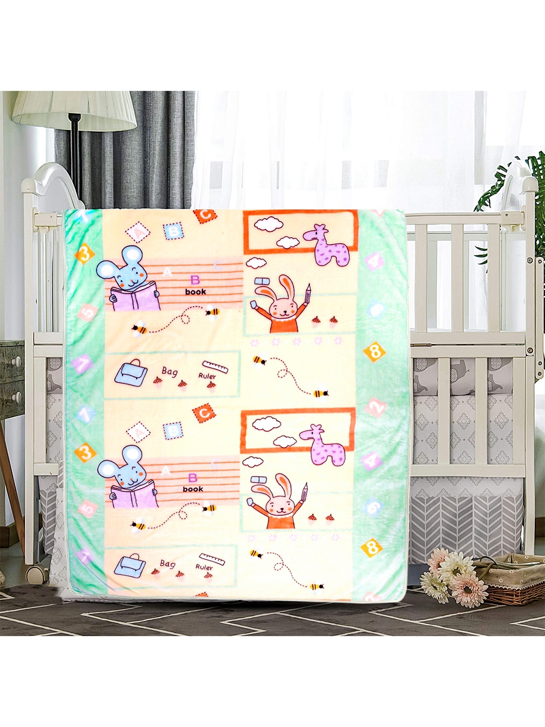 

Baby Moo Cream-Coloured & Blue Cartoon Characters Heavy Winter 210 GSM Single Bed Blanket