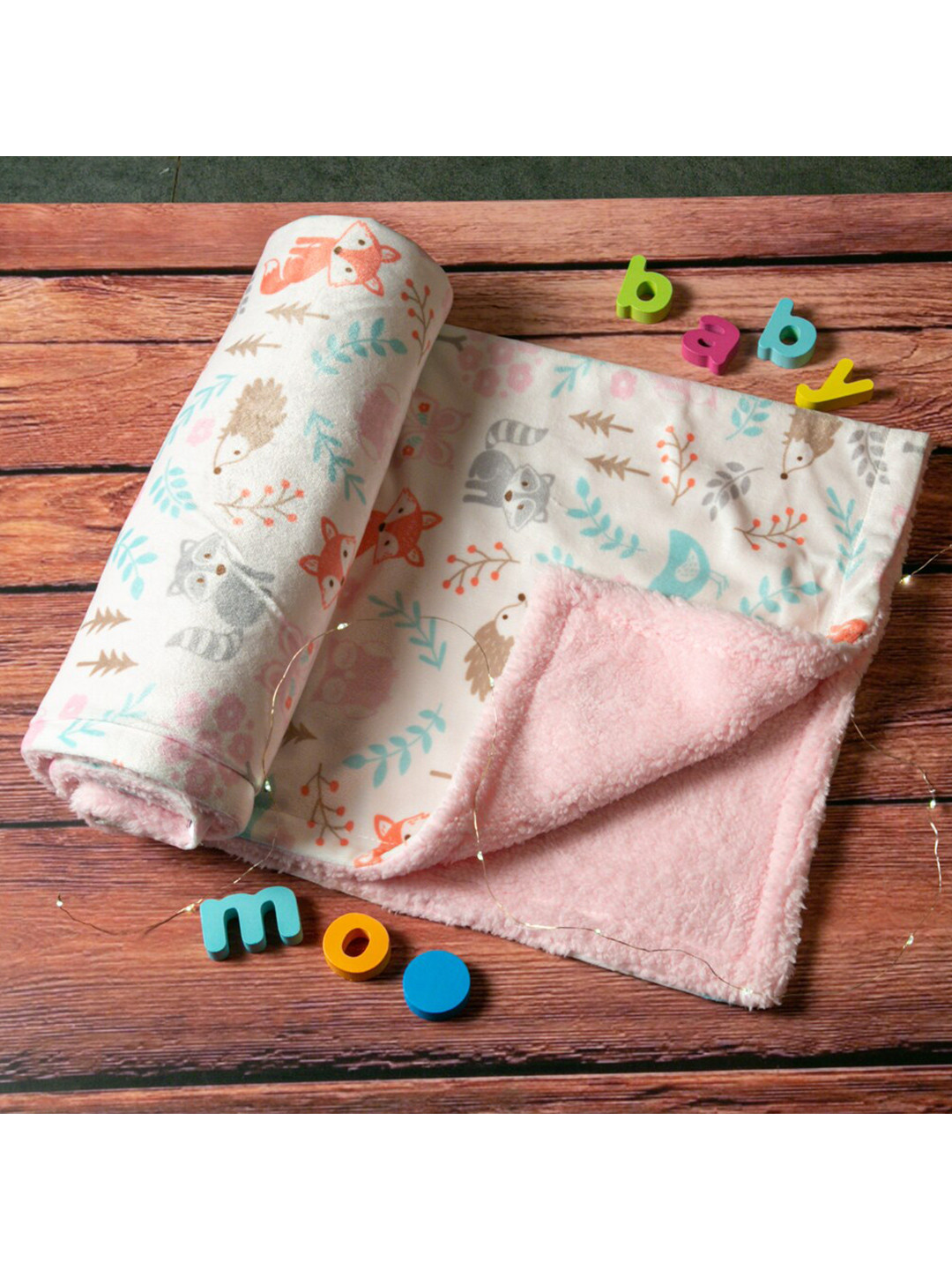 

Baby Moo Kids White & Pink Printed Heavy Winter 210 GSM Single Bed Reversible Fur Blanket