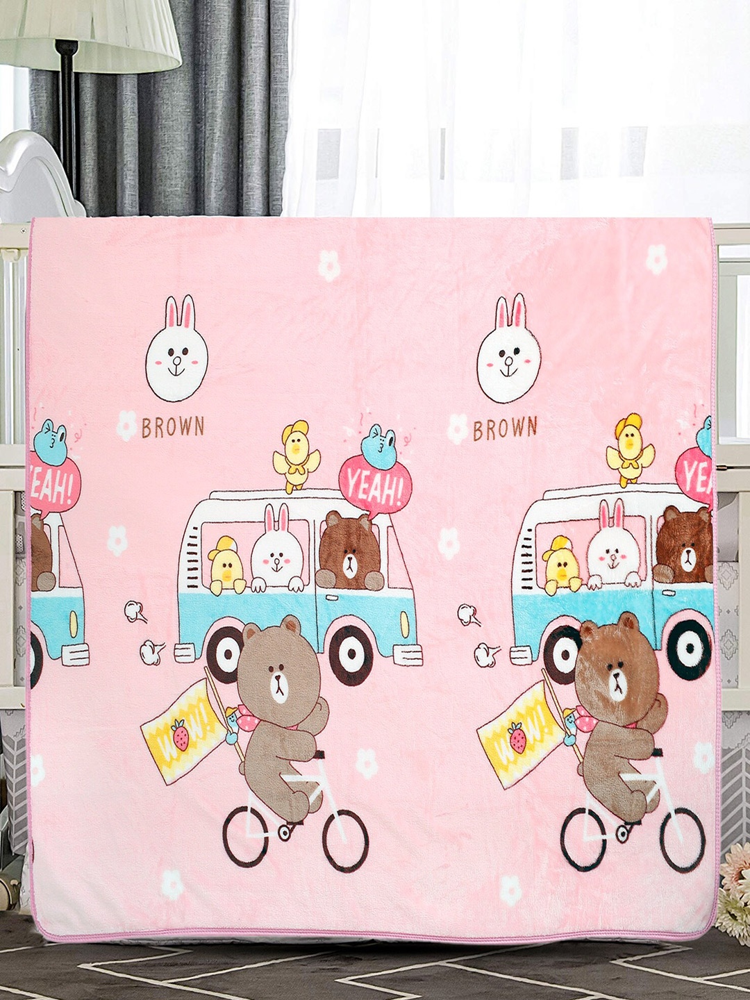 

Baby Moo Kids Pink & Brown Cartoon Characters Heavy Winter 210 GSM Single Bed Reversible Blanket
