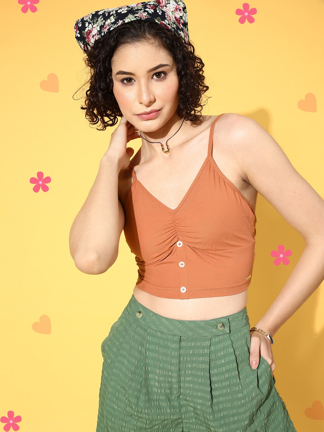 

Da Intimo Mustard Yellow Front Button Design Crop Bralette, Rust
