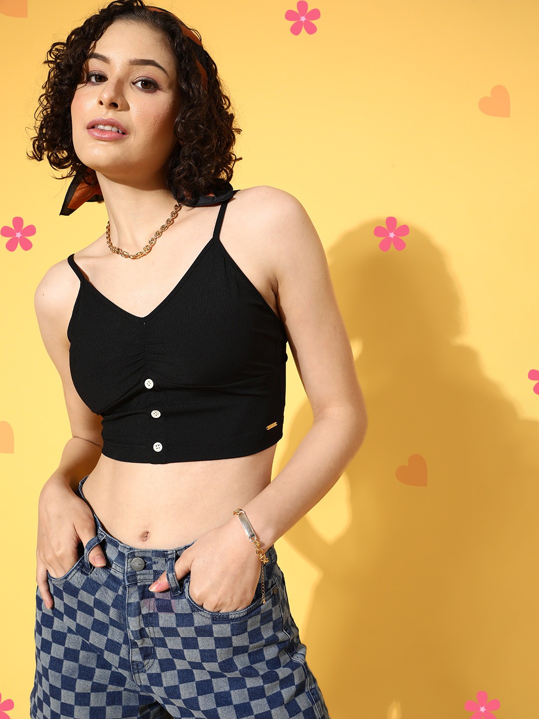 

Da Intimo Black Solid Fashion Front Button Design Bralette Top