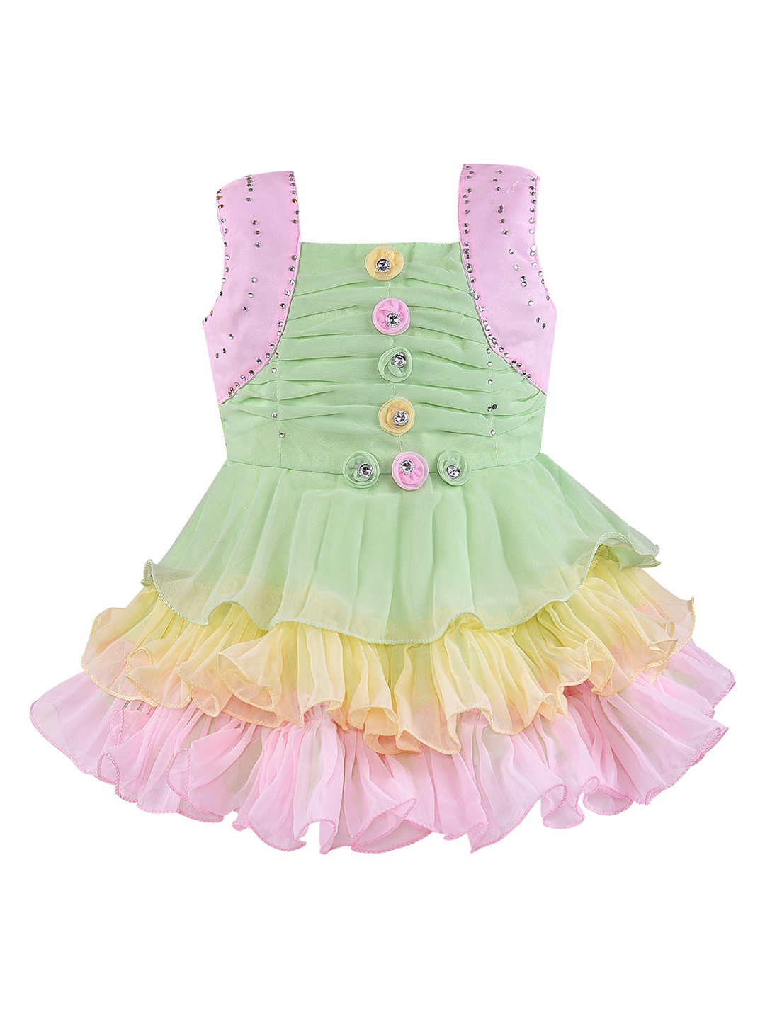 

Wish Karo Girls Green & Pink Embellished Georgette Dress