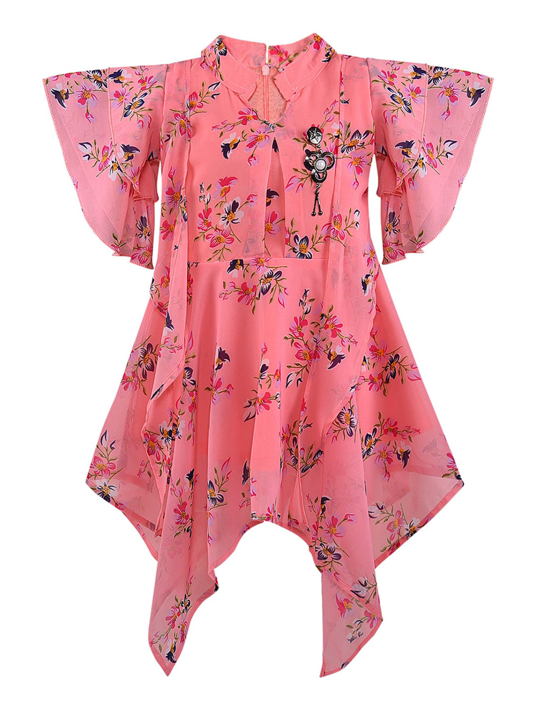

Wish Karo Girls Peach-Coloured Floral Georgette A-Line Dress