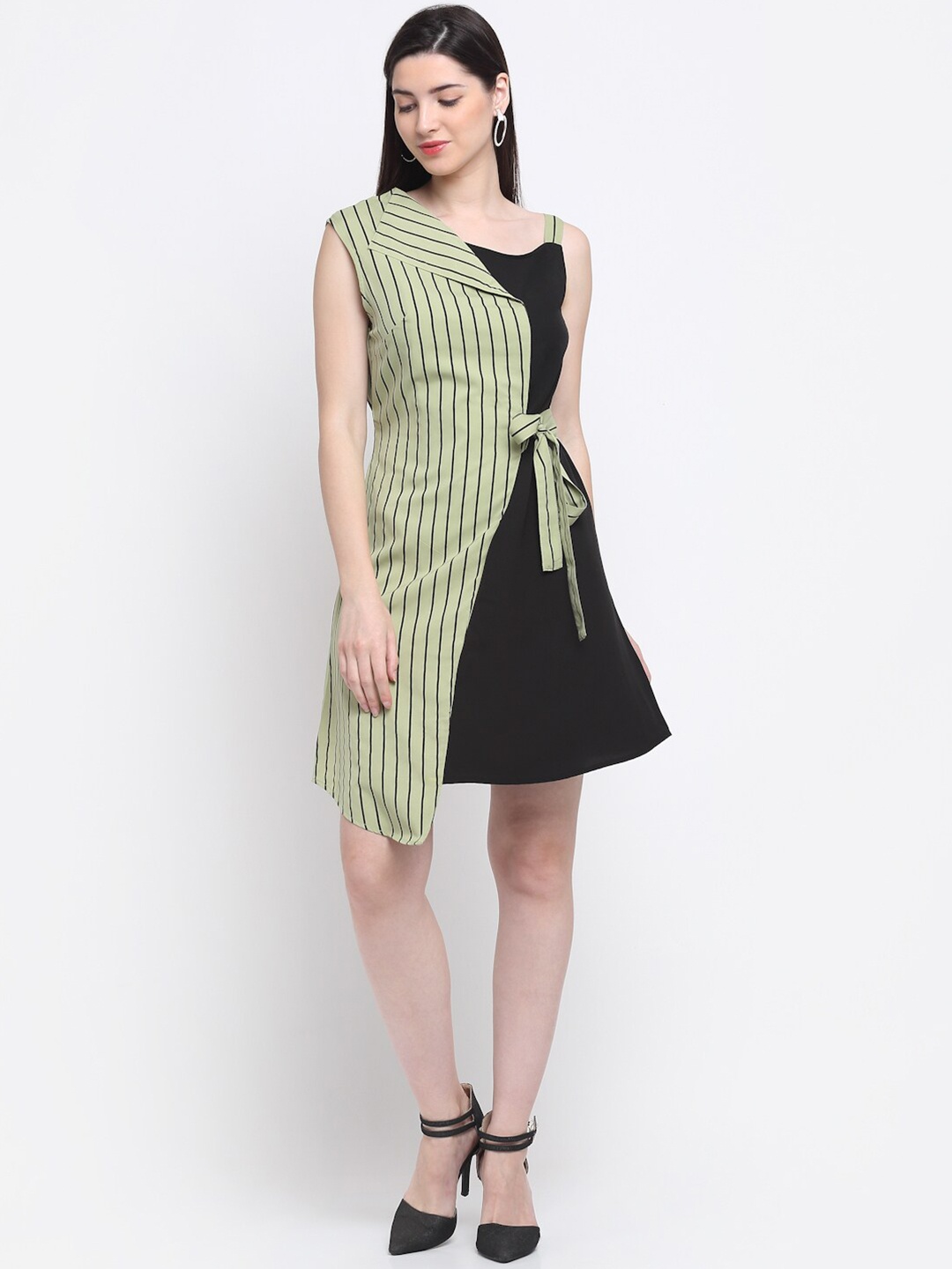 

emeros Green & Black Striped Tie-waist Co-ordinated Asymmetric Dress