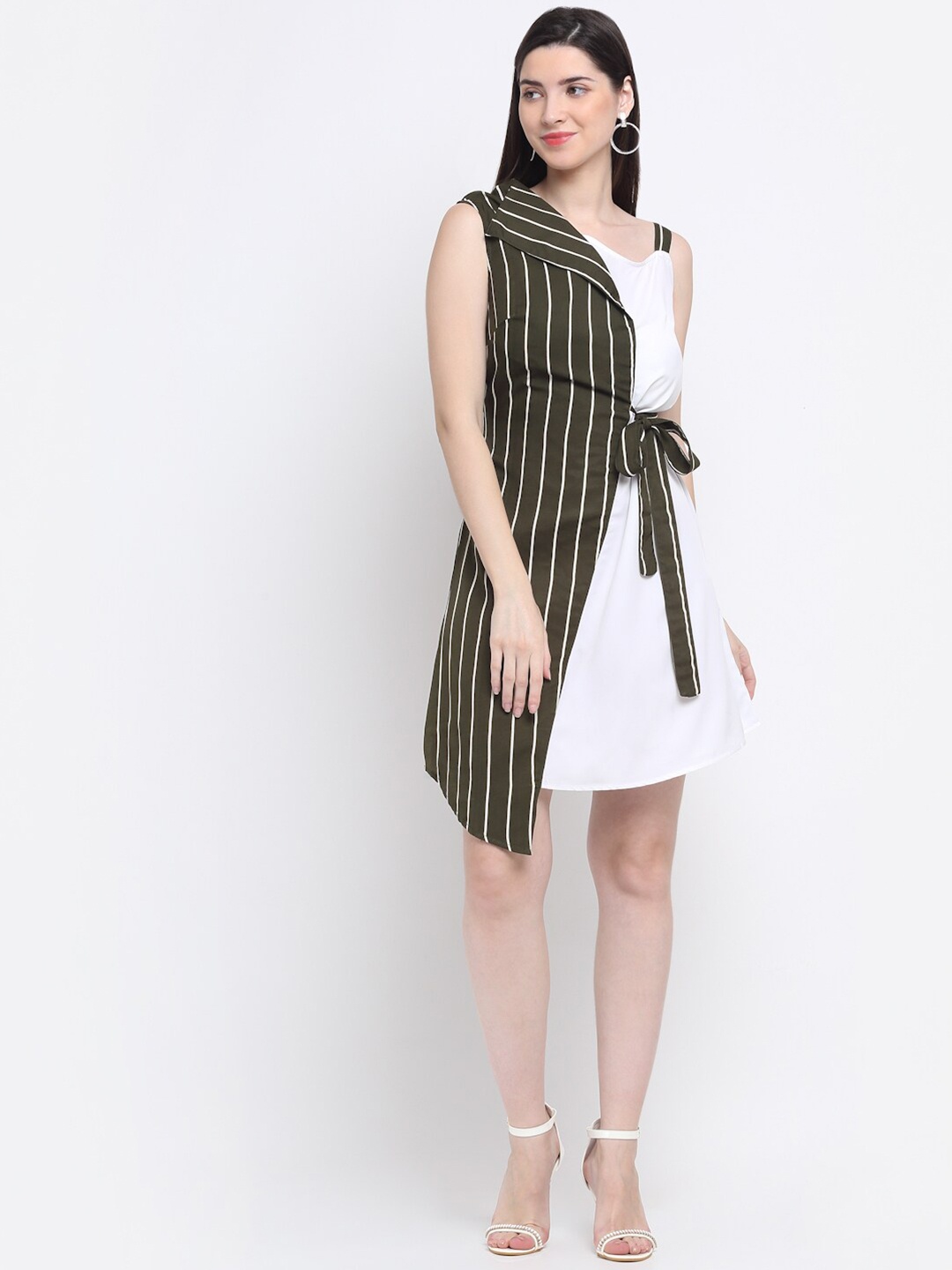 

emeros Olive Green & White Striped Crepe Dress