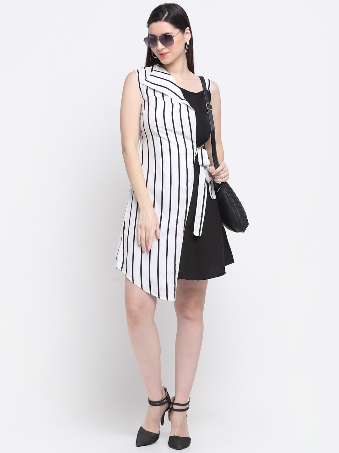 

emeros Black & White Striped Aysmmetrical Crepe Dress