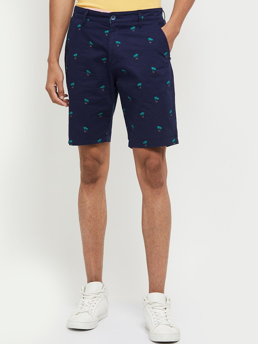 

max Men Navy Blue Printed Cotton Chino Shorts
