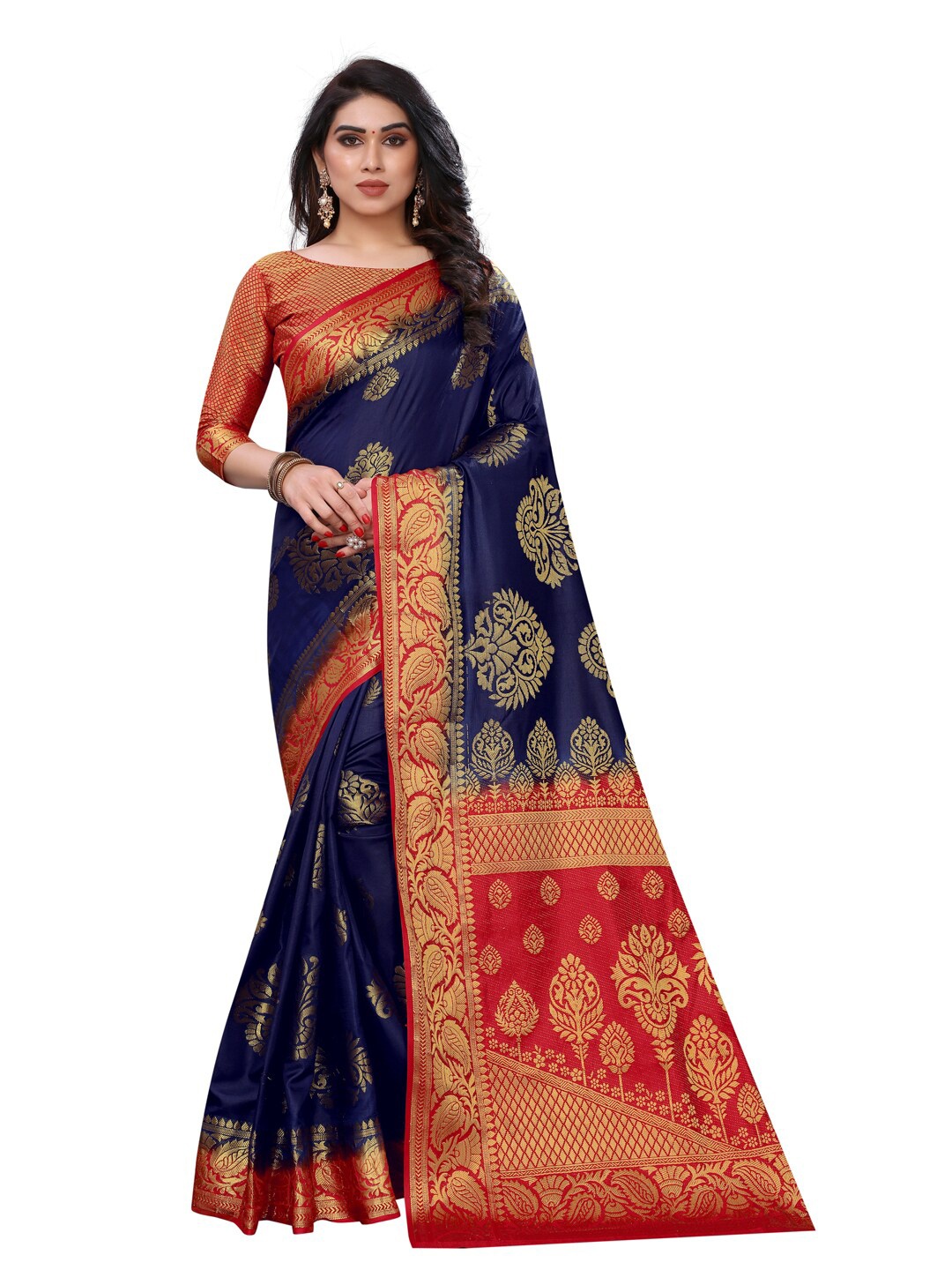 

PERFECT WEAR Blue & Red Woven Design Zari Silk Cotton Banarasi Saree