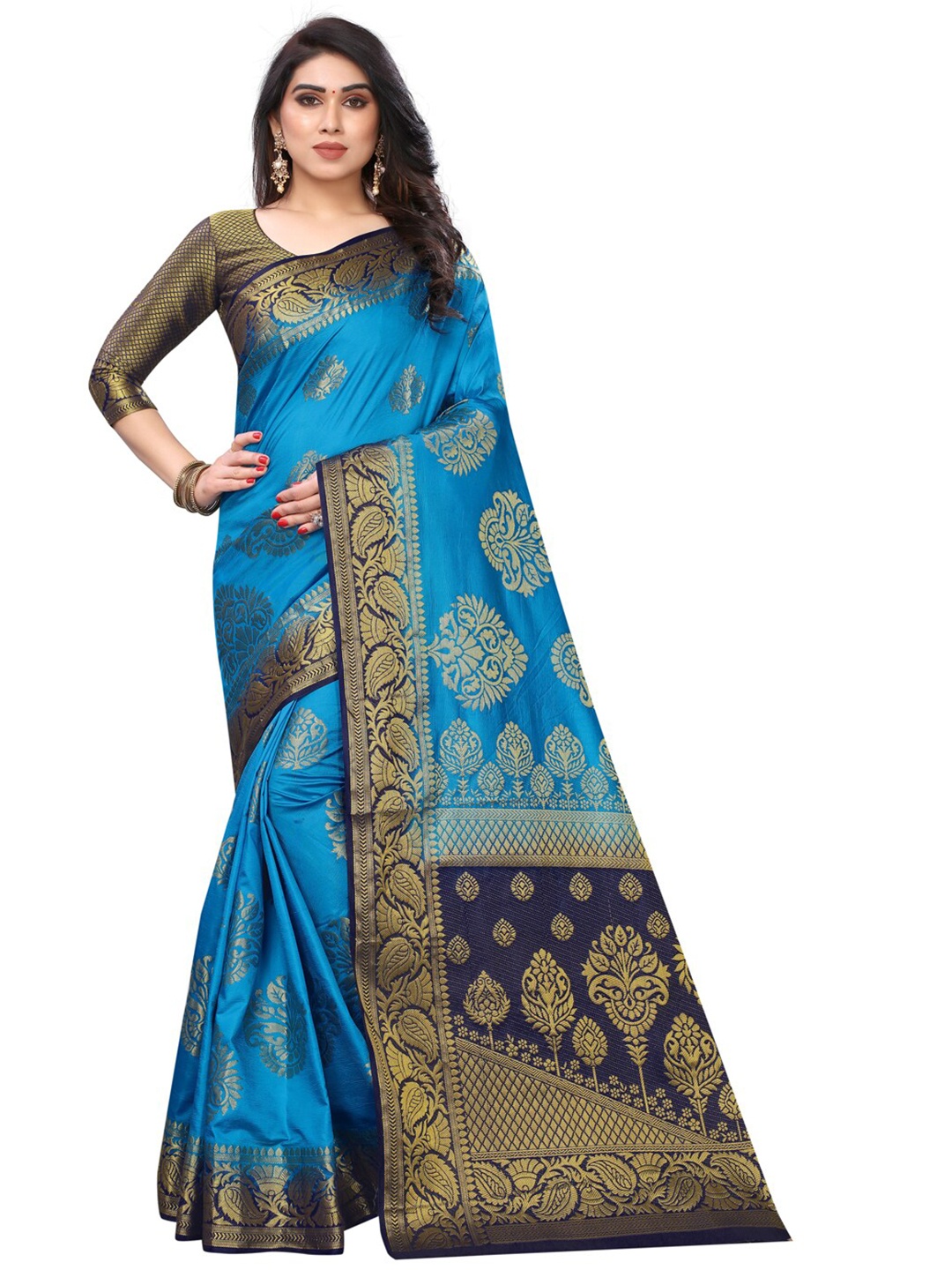 

PERFECT WEAR Blue & Gold-Toned Ethnic Motifs Zari Silk Cotton Banarasi Saree