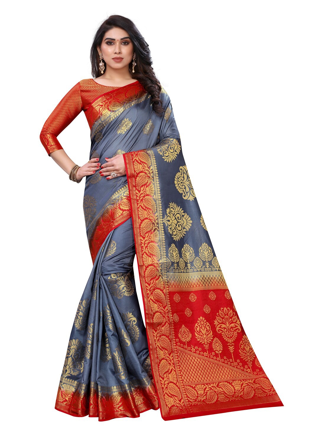 

PERFECT WEAR Red & Grey Ethnic Motifs Silk Cotton Banarasi Saree