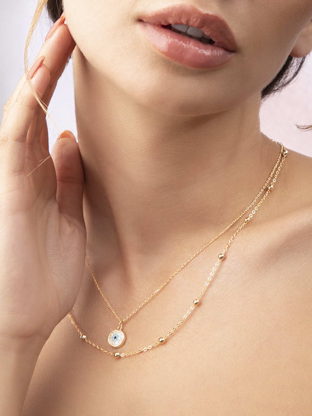 

Rubans Voguish Gold-Plated White Evil Eye Layered Necklace