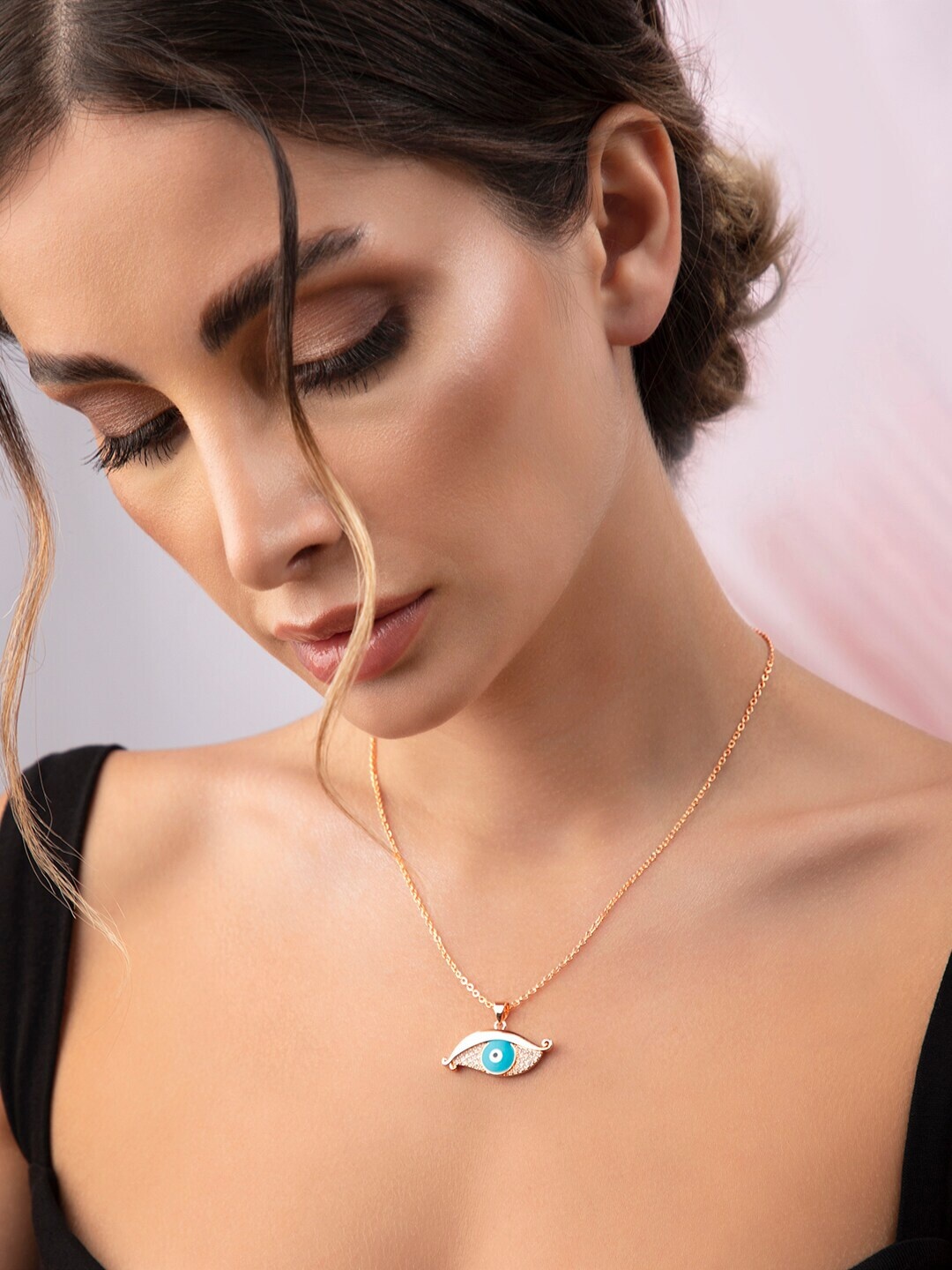 

Rubans Voguish Blue & Gold-Plated Chain With Evil Eye Pendent., Rose gold