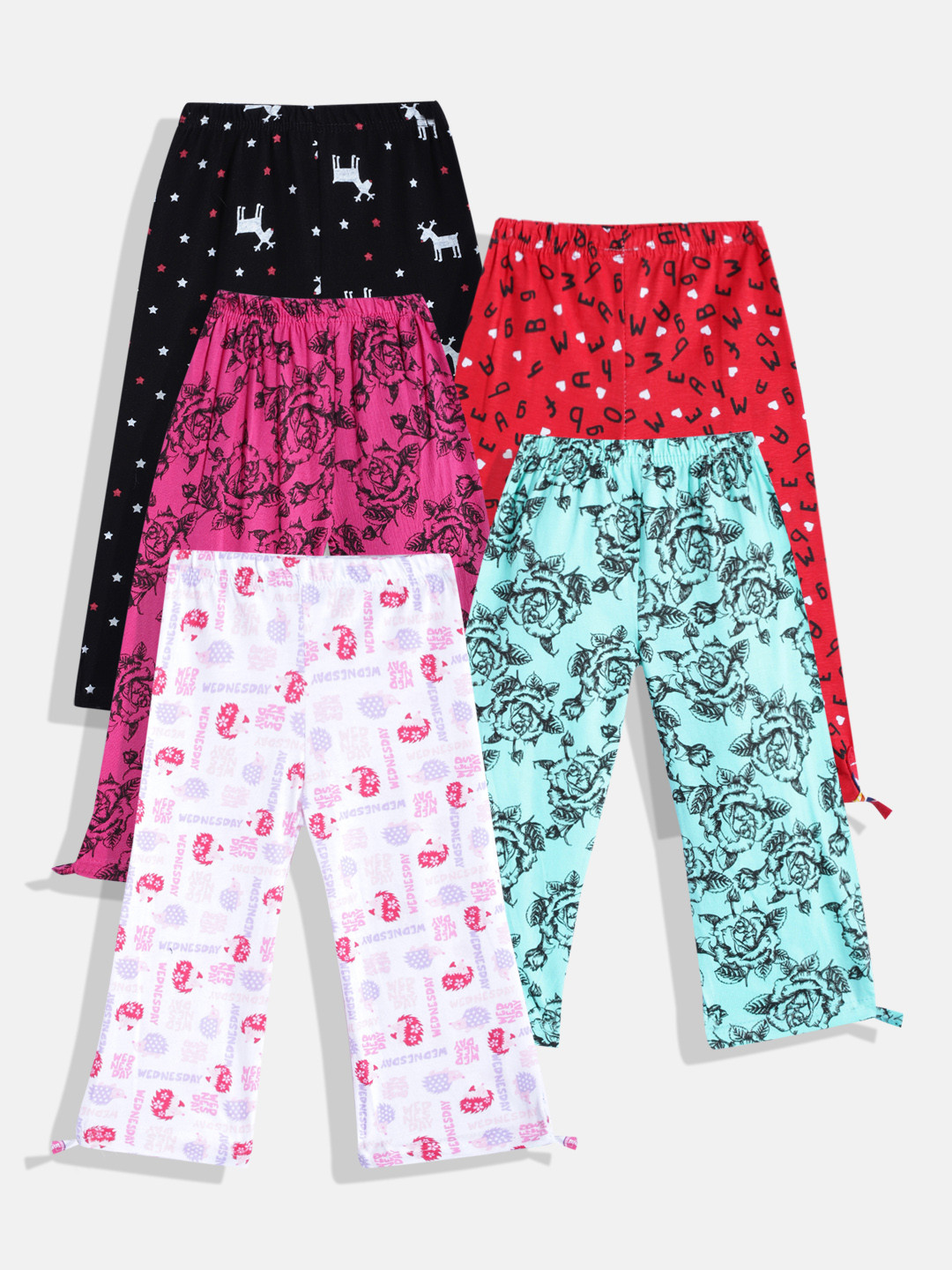

MANZON Girls Pack of 5 Multicoloured Printed Cotton Capris with Bow Detail, Multi