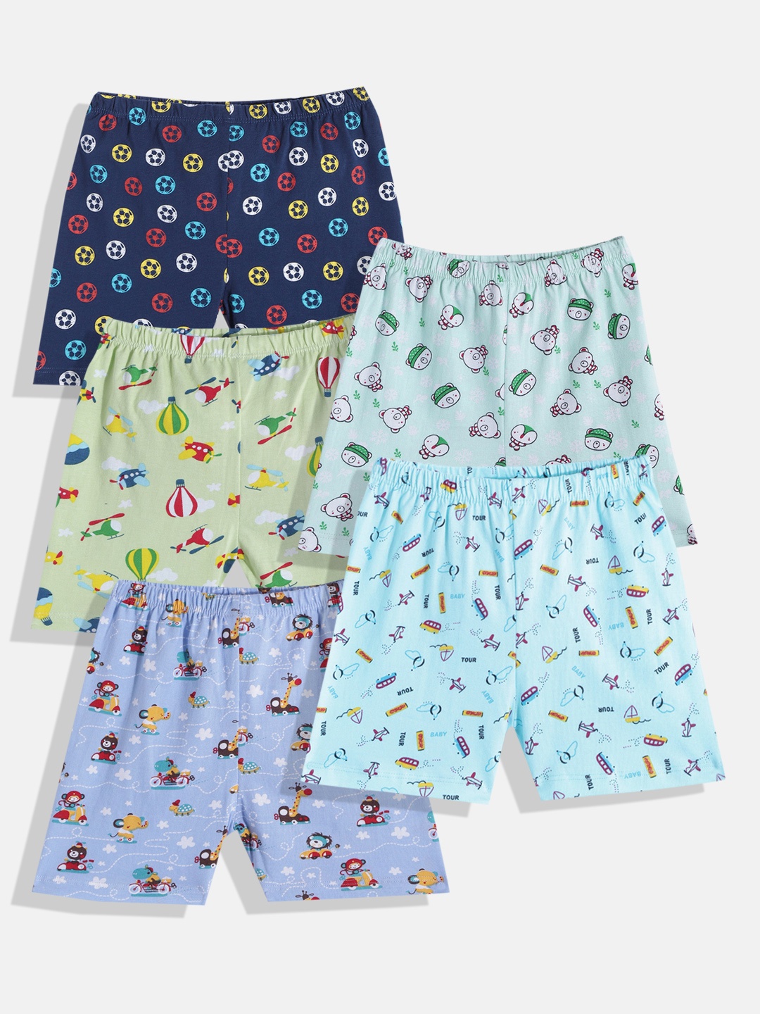 

MANZON Girls Pack of 5 Multicoloured Conversational Printed Cotton Shorts, Multi