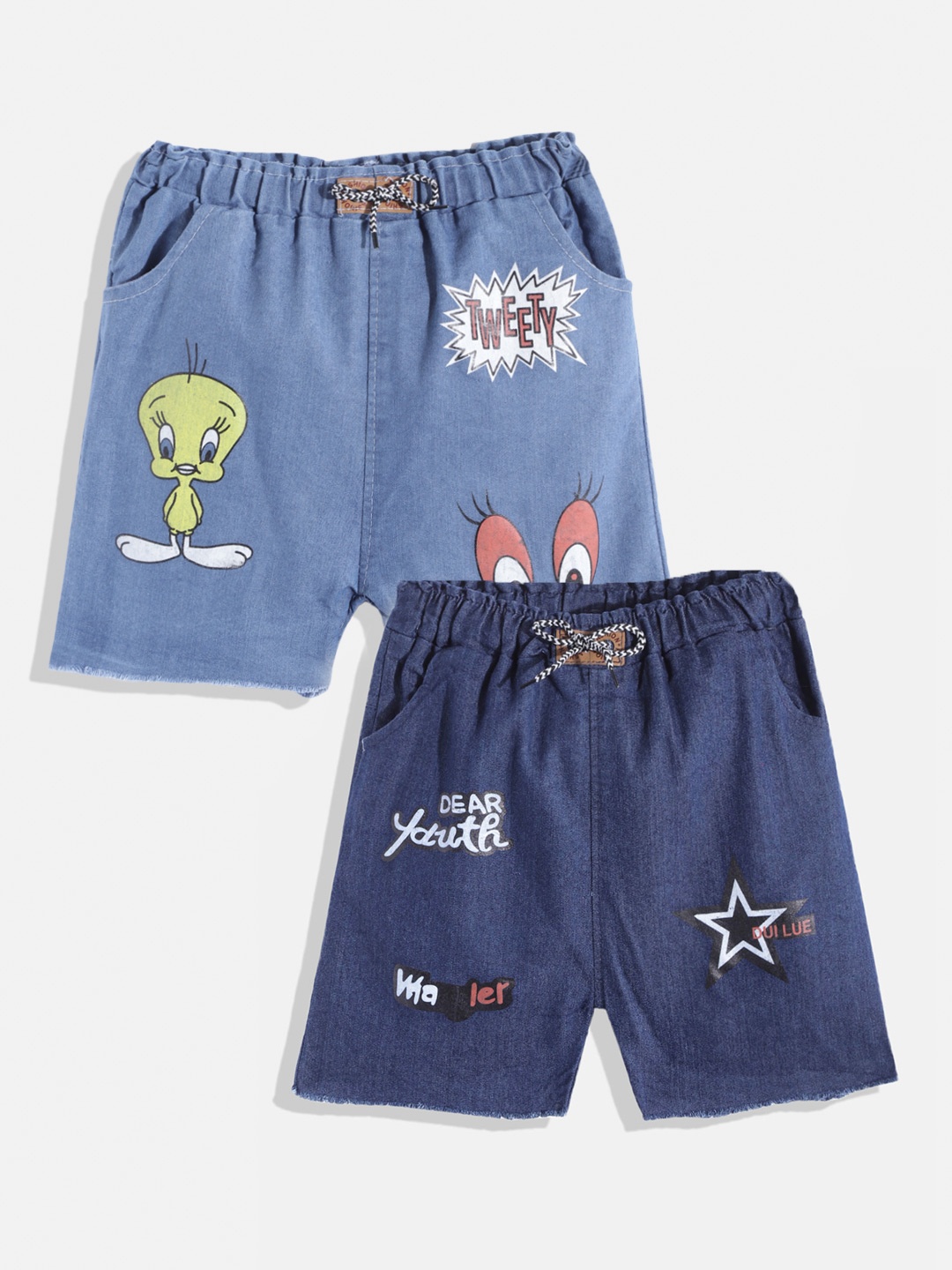 

MANZON Girls Pack of 2 Blue Graphic Print Frayed Hem Denim Shorts