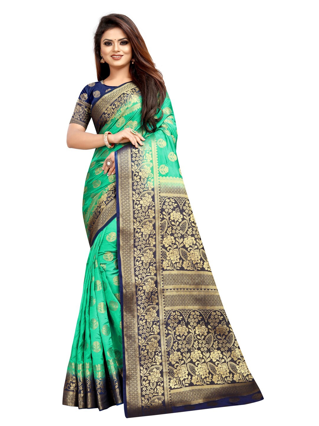 

PERFECT WEAR Navy Blue & Green Woven Design Zari Silk Cotton Banarasi Saree