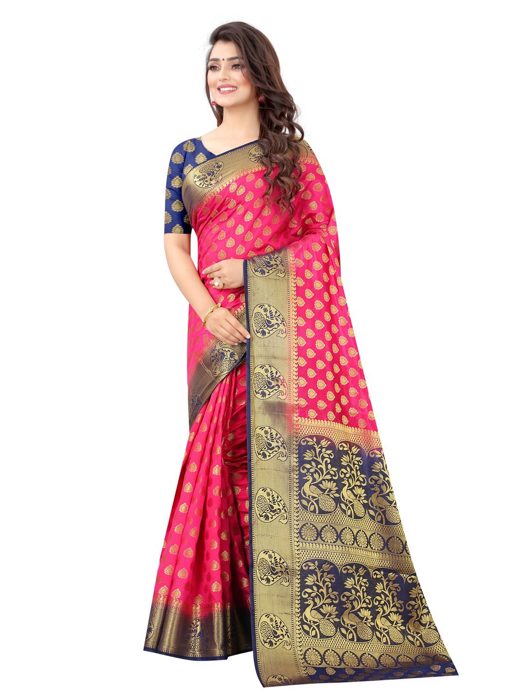 

PERFECT WEAR Navy Blue & Pink Ethnic Motifs Zari Silk Cotton Banarasi Saree